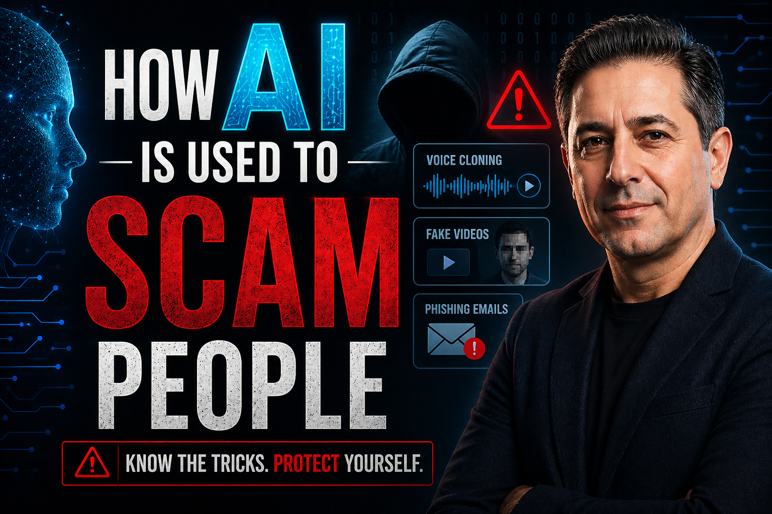 Banner stating 'HOW AI IS USED TO SCAM PEOPLE' with a suited man on the right and panels for voice cloning, fake videos, and phishing emails.